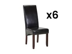 Lot De 6 Chaises ROVIGO - Simili Marron Brillant - Pieds Bois Foncé
