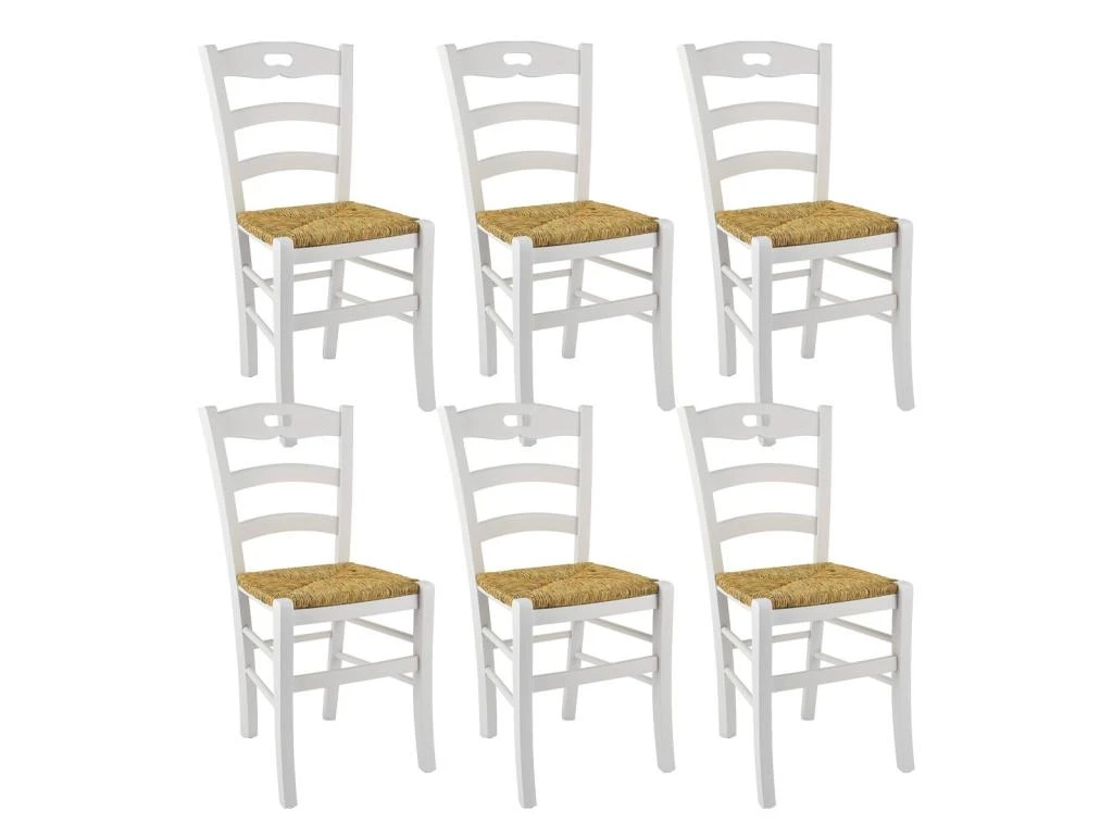 SUZY - Lot De 6 Chaises Laquées Blanc Et Assises En Paille 1 SUZY - Lot De 6 Chaises Laquées Blanc Et Assises En Paille