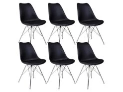 HAGA - Lot De 6 Chaises Noires Avec Piétement Chromé