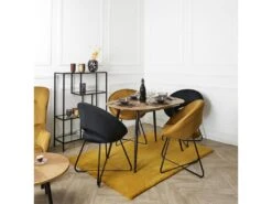 TENSO - Pack Table Allongeable Effet Bois + Fauteuils Velours Côtelé Konae 2x Noir + 2x Ocre
