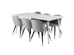 Polar180X90WHWH Ensemble Table, Table Blanc Et 6 Velvet Chaises Velours Grisclair.