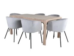 SliderWW Ensemble Table, Table Extensible Longueur Cm170 / 250 Chêne Blanc Washeded Et 6 Berit Chaises Velours Gris.