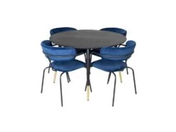 DippØ115BLBR Ensemble Table, Table Noir Et 4 Arrow Chaises Velours Bleu.