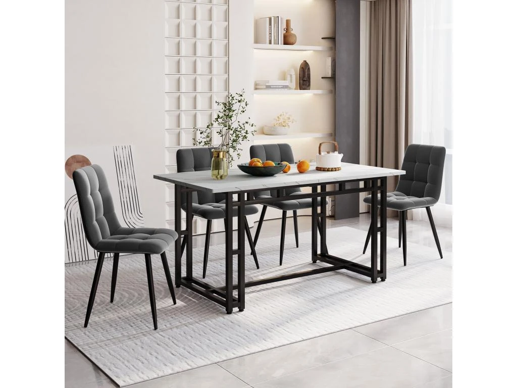 Ensemble Table Et 4 Chaises - Table Noire 140x80cm - Structure En Métal - Chaise En Lin Gris 1 Ensemble Table Et 4 Chaises - Table Noire 140x80cm - Structure En Métal - Chaise En Lin Gris