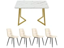 Ensemble Table Et 4 Chaises - Table Dorée 117x68cm - Structure En Métal - Chaise En Velours Beige -Mobilier De Restaurant ensemble table et chaise 22720853