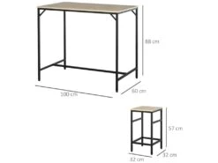 Ensemble Table De Bar Design Industriel + 4 Tabourets Repose-pieds Panneaux Particules Imitation Chêne Clair Métal Noir -Mobilier De Restaurant meuble de bar 9398963