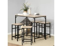 Ensemble Table De Bar Design Industriel + 4 Tabourets Repose-pieds Panneaux Particules Imitation Chêne Clair Métal Noir -Mobilier De Restaurant meuble de bar 9398965