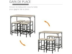 Ensemble Table De Bar Design Industriel + 4 Tabourets Repose-pieds Panneaux Particules Imitation Chêne Clair Métal Noir -Mobilier De Restaurant meuble de bar 9398967