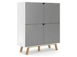 Buffet Haut Design Type Scandinave Collection AOMORI 4 Portes, Coloris Blanc Et Gris Mat