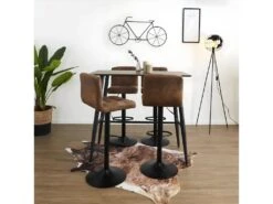 TIANO - Ensemble Table Haute Effet Bois + 4 Tabourets Camel