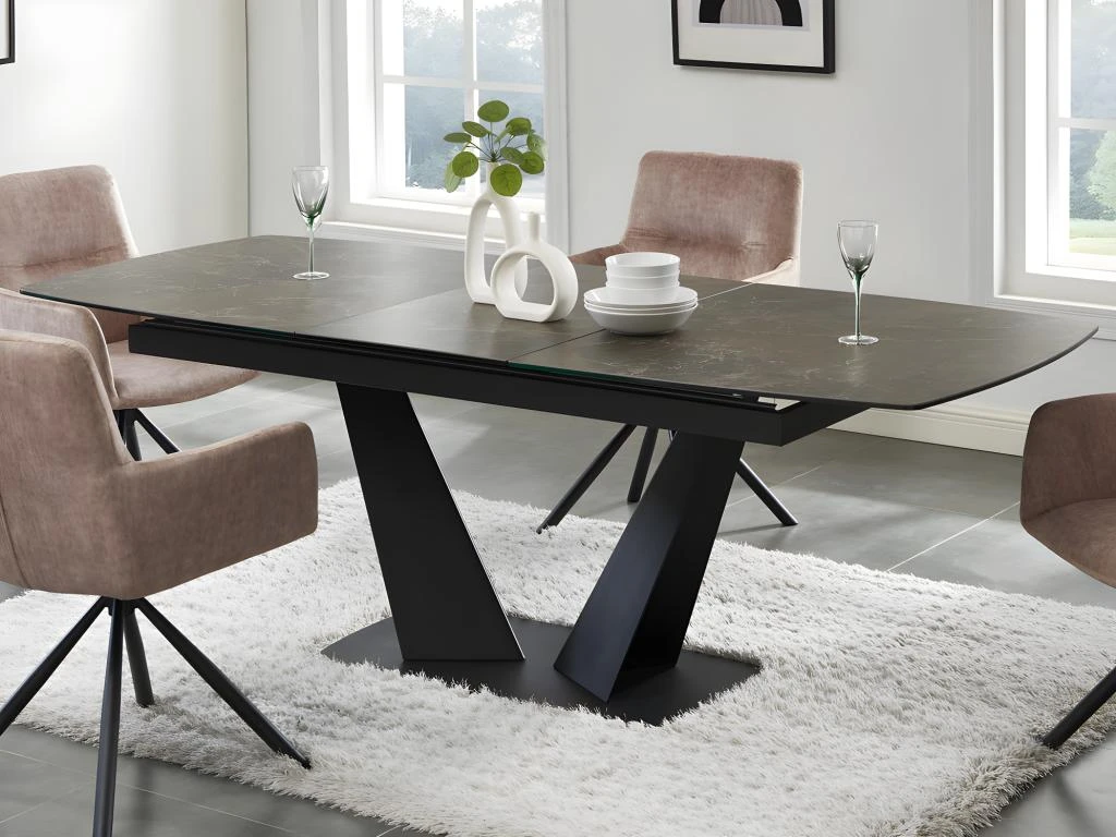 Table à Manger Extensible 6 à 8 Couverts En Céramique Et Métal - Effet Marbre Marron Et Noir - DONOTI 2 Table à Manger Extensible 6 à 8 Couverts En Céramique Et Métal - Effet Marbre Marron Et Noir - DONOTI – Image 2