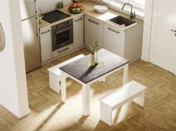 Table à Manger CASSY II - 4 Couverts - Blanc, Plateau Effet Béton