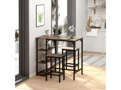 Ensemble Table De Bar 3 étagères 2 Tabourets Style Industriel Métal Noir Aspect Vieux Bois Veinage