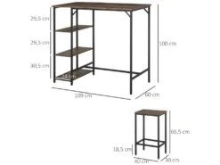 Ensemble Table De Bar 3 étagères 2 Tabourets Style Industriel Métal Noir Aspect Vieux Bois Veinage -Mobilier De Restaurant table a manger 19046325