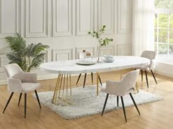 Table à Manger Extensible 2 à 12 Couverts En MDF Et Acier - Effet Marbre Blanc Et Doré - FIRELA