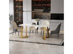 Table à Manger - Plateau Effet Marbre - Pieds Dorés En Métal- 117x68cm