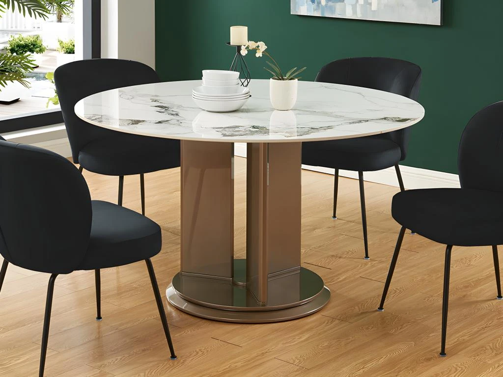 Table à Manger 4 Couverts En Céramique Et MDF - Effet Marbre Blanc Et Taupe Laqué - GOULBURN 2 Table à Manger 4 Couverts En Céramique Et MDF - Effet Marbre Blanc Et Taupe Laqué - GOULBURN – Image 2