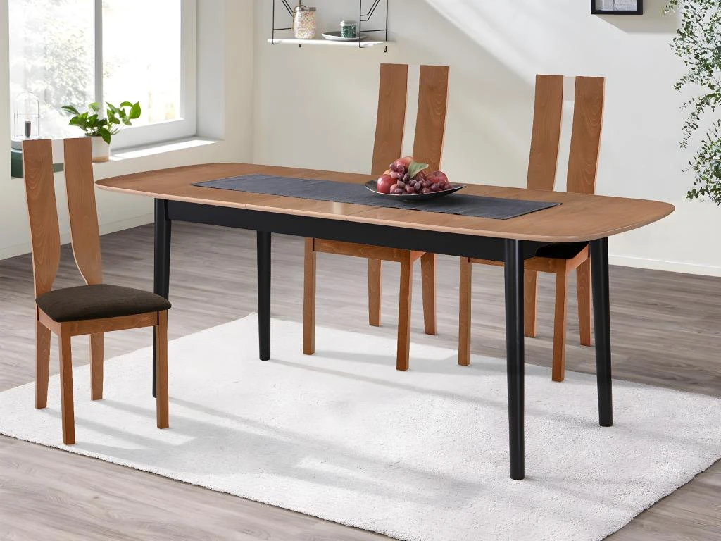 Table à Manger Extensible 6 à 8 Couverts En MDF Et Hévéa - Naturel Et Noir - VISBY 1 Table à Manger Extensible 6 à 8 Couverts En MDF Et Hévéa - Naturel Et Noir - VISBY