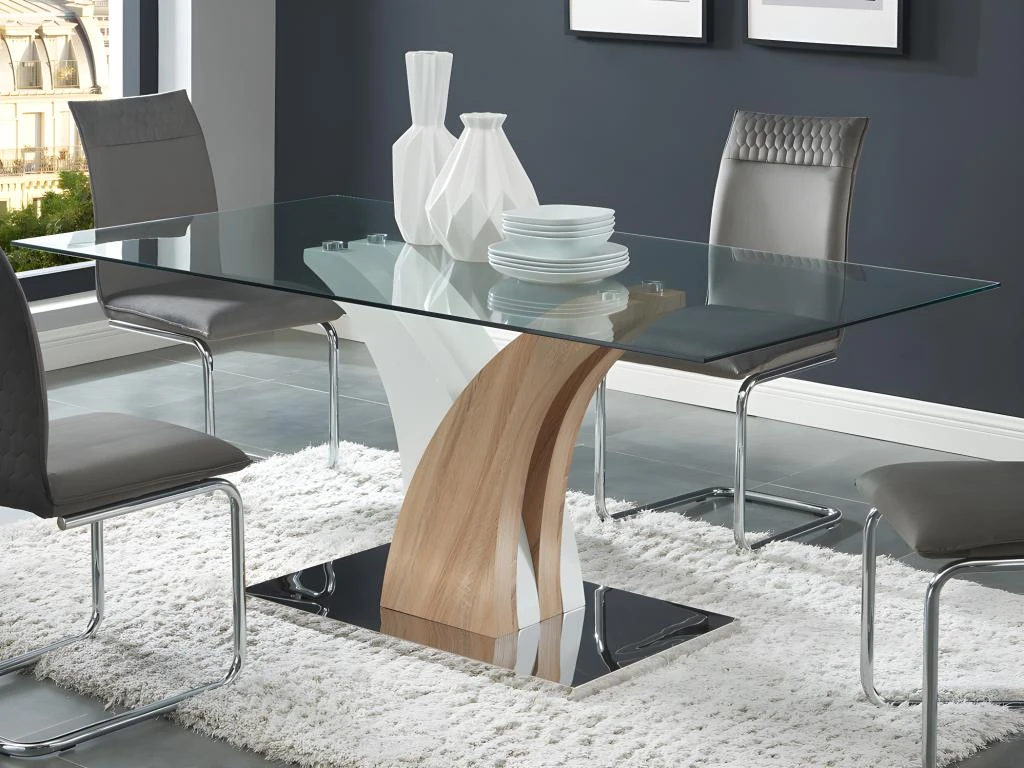 Table à Manger 6 Couverts En Verre Trempé Et MDF - Naturel Et Blanc - BARLATANA 2 Table à Manger 6 Couverts En Verre Trempé Et MDF - Naturel Et Blanc - BARLATANA – Image 2